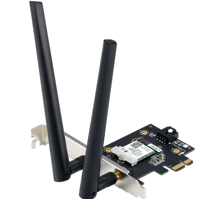 ASUS Asus WiFi 6E PCI-E Adapter with 2 external antennas. Supporting 6GHz band; 160MHz; Bluetooth 5.2; WPA3 network security; OFDMA a ASUS PCE-AXE5400