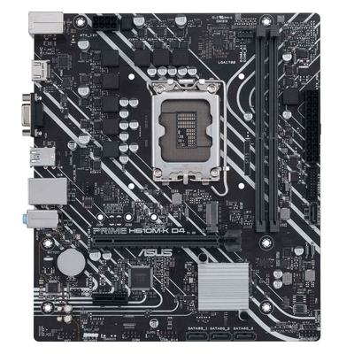 Asus MOTHERBOARD Intel H610 Chipset; 2 x DIMM; Max. 64GB; 1 x PCIe 4.0 x16; 1 x PCIe 3.0 x1; 1 x M.2; 4 x SATA 6Gb; 1xD-Sub; 1xHDMI. ASUS PRIME H610M-K D4
