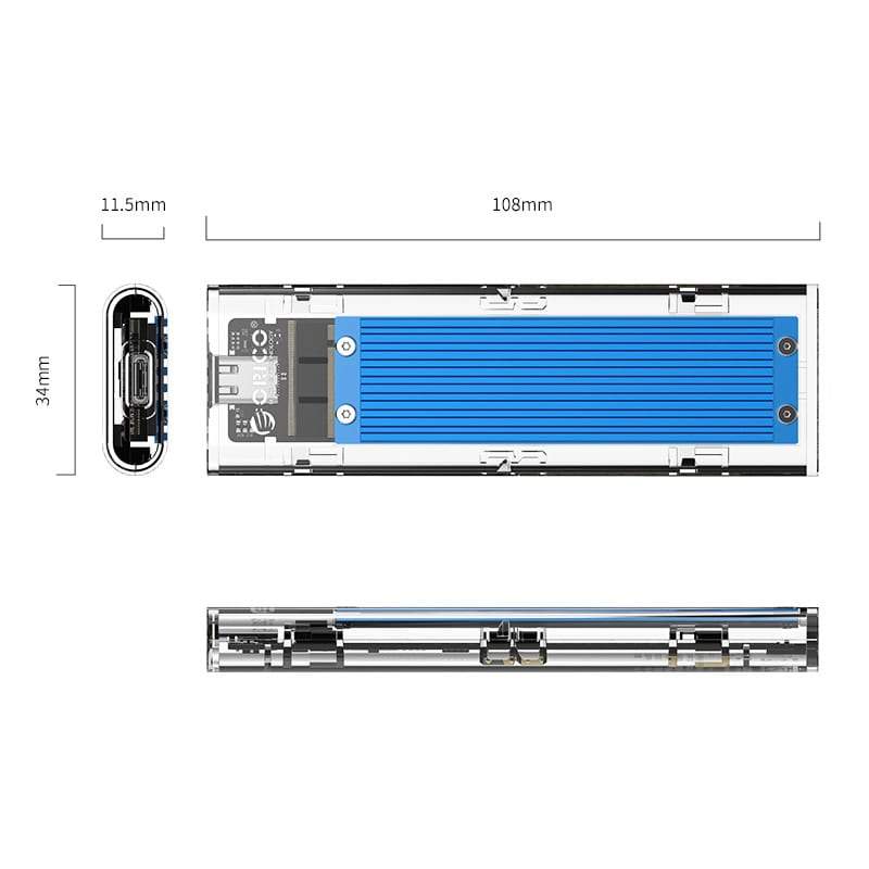 Orico M.2 NVME (2230/2242/2260/2280) to USB3.1(Device Input) Gen-2 Type-C(Enclosure Side) Transparent SSD Enclosure (2TB Max) - Blue Heatsink (Compatible with CTA2-SV/CTA2-GR) - CShop.co.za | Powered by Compuclinic Solutions